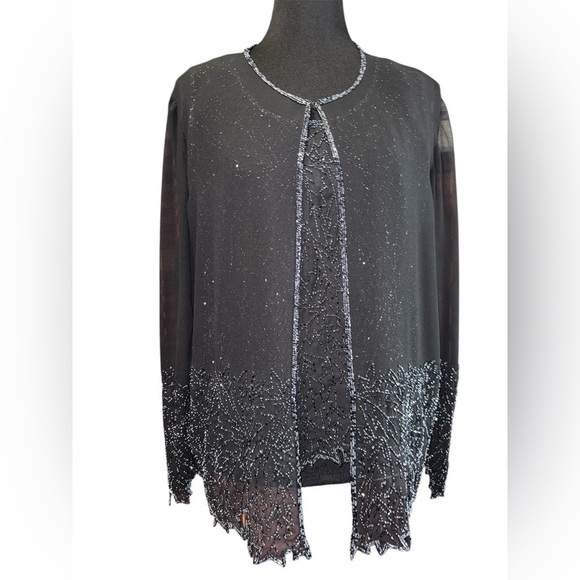 J Kara Sweaters - J Kara Vintage Elegant Black Beaded Chiffon jacket & Cami 2 Piece Top Size L